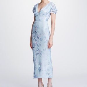 MARCHESA NOTTE: light blue printed sequin midi dress